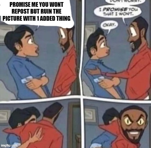 promise me you wont blank | PROMISE ME YOU WONT REPOST BUT RUIN THE PICTURE WITH 1 ADDED THING | image tagged in promise me you wont blank | made w/ Imgflip meme maker
