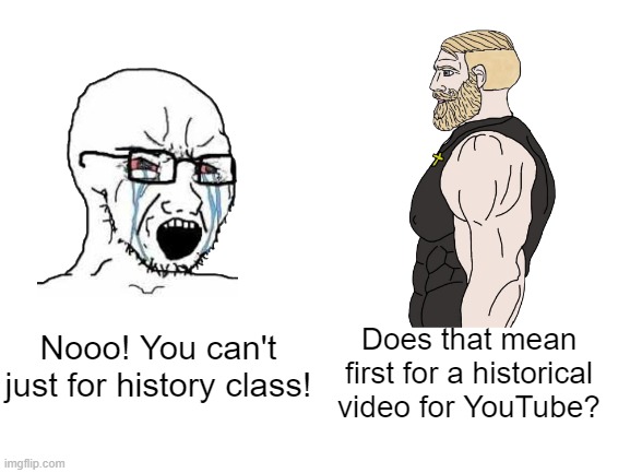 How does your video for history? | Nooo! You can't just for history class! Does that mean first for a historical video for YouTube? | image tagged in blank white template,memes | made w/ Imgflip meme maker