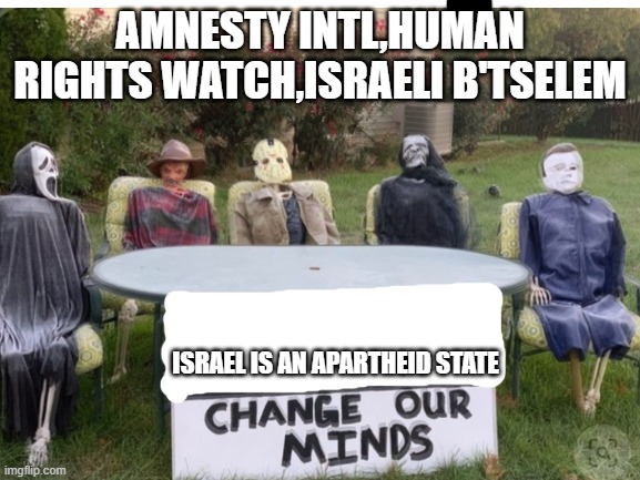 Change our minds | AMNESTY INTL,HUMAN RIGHTS WATCH,ISRAELI B'TSELEM; ISRAEL IS AN APARTHEID STATE | image tagged in change our minds | made w/ Imgflip meme maker