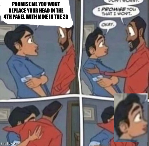 promise me you wont blank | PROMISE ME YOU WONT REPLACE YOUR HEAD IN THE 4TH PANEL WITH MINE IN THE 2D | image tagged in promise me you wont blank | made w/ Imgflip meme maker