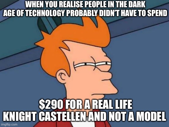 Futurama Fry Meme | WHEN YOU REALISE PEOPLE IN THE DARK AGE OF TECHNOLOGY PROBABLY DIDN’T HAVE TO SPEND; $290 FOR A REAL LIFE KNIGHT CASTELLEN AND NOT A MODEL | image tagged in memes,futurama fry | made w/ Imgflip meme maker
