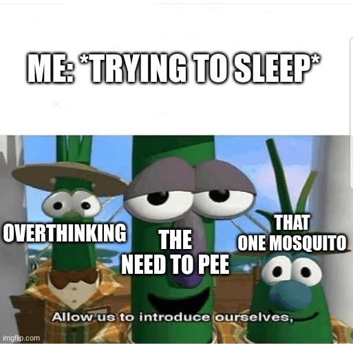 Allow us to introduce ourselves |  ME: *TRYING TO SLEEP*; OVERTHINKING; THAT ONE MOSQUITO; THE NEED TO PEE | image tagged in allow us to introduce ourselves,memes,funny,dankmemes,trying to sleep,no sleep | made w/ Imgflip meme maker