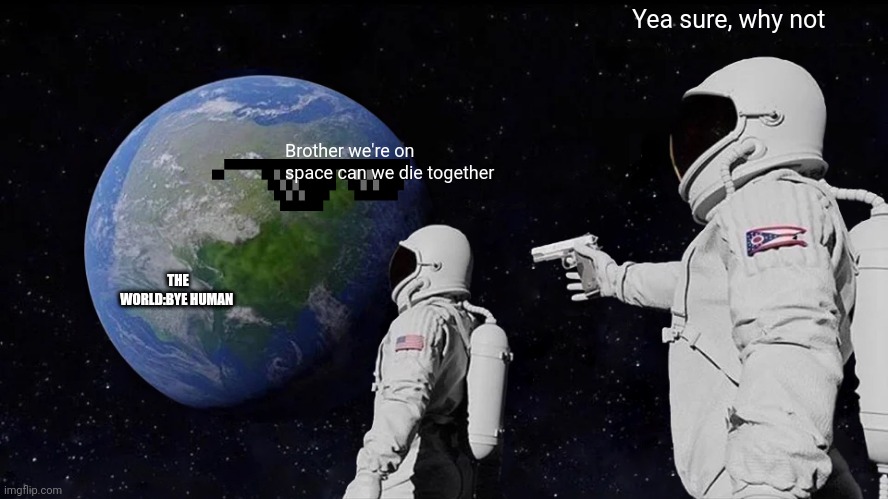 Is a goodbye bros | Yea sure, why not; Brother we're on space can we die together; THE WORLD:BYE HUMAN | image tagged in memes | made w/ Imgflip meme maker