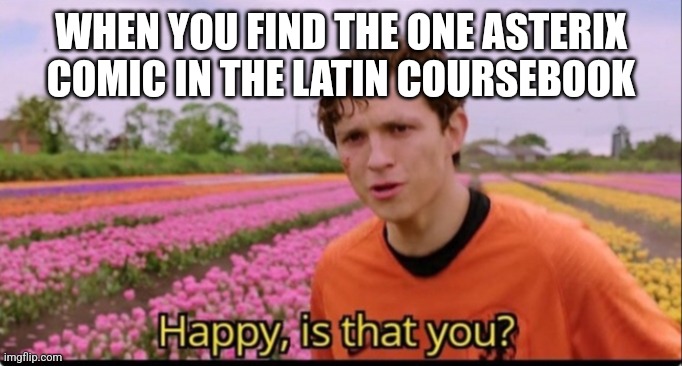 latin class be like | WHEN YOU FIND THE ONE ASTERIX COMIC IN THE LATIN COURSEBOOK | image tagged in happy is that you | made w/ Imgflip meme maker