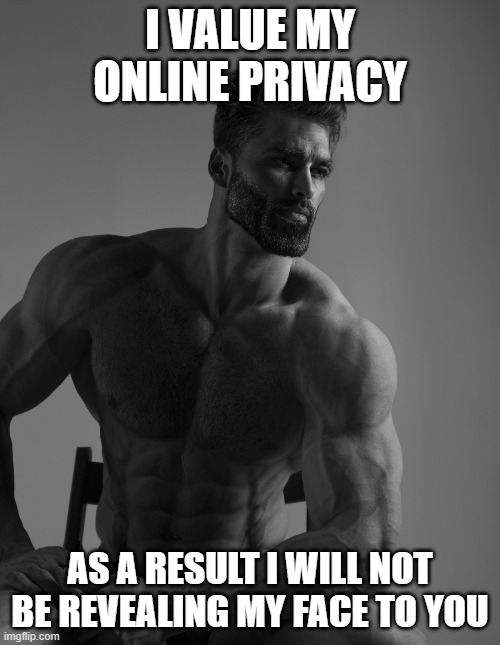 Giga Chad | I VALUE MY ONLINE PRIVACY; AS A RESULT I WILL NOT BE REVEALING MY FACE TO YOU | image tagged in giga chad | made w/ Imgflip meme maker