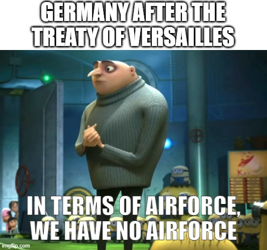 POV your germany | GERMANY AFTER THE TREATY OF VERSAILLES; IN TERMS OF AIRFORCE, WE HAVE NO AIRFORCE | image tagged in in terms of money we have no money | made w/ Imgflip meme maker