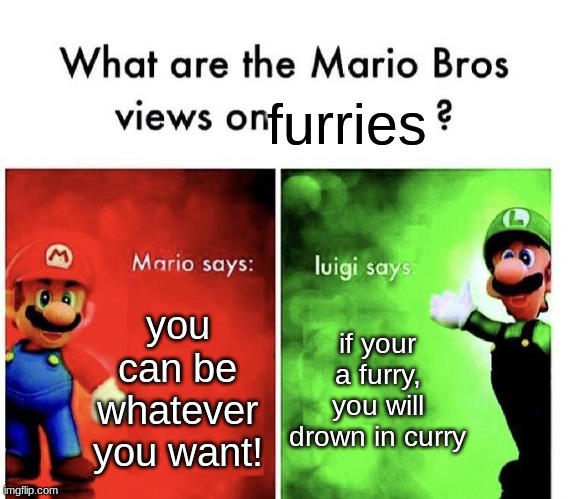 i agree with luigi here | furries; you can be whatever you want! if your a furry, you will drown in curry | image tagged in mario bros views,based luigi | made w/ Imgflip meme maker