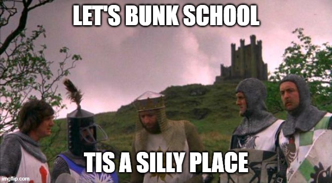 How i feel about school | LET'S BUNK SCHOOL; TIS A SILLY PLACE | image tagged in monty python tis a silly place | made w/ Imgflip meme maker