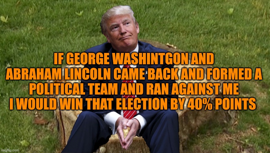 Ahhh the sound of a stable genius | IF GEORGE WASHINTGON AND ABRAHAM LINCOLN CAME BACK AND FORMED A POLITICAL TEAM AND RAN AGAINST ME I WOULD WIN THAT ELECTION BY 40% POINTS | image tagged in trump on a stump | made w/ Imgflip meme maker