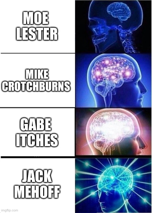 Expanding Brain Meme | MOE 
LESTER; MIKE
CROTCHBURNS; GABE 
ITCHES; JACK
MEHOFF | image tagged in memes,expanding brain | made w/ Imgflip meme maker
