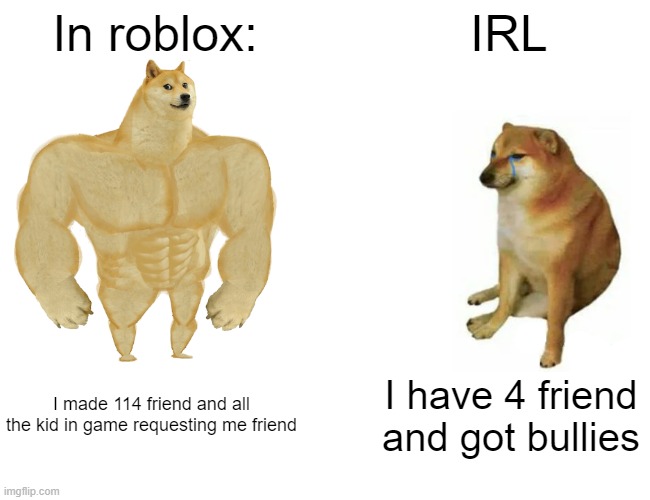 Based on true story (my story tho) | In roblox:; IRL; I made 114 friend and all the kid in game requesting me friend; I have 4 friend and got bullies | image tagged in memes,buff doge vs cheems | made w/ Imgflip meme maker