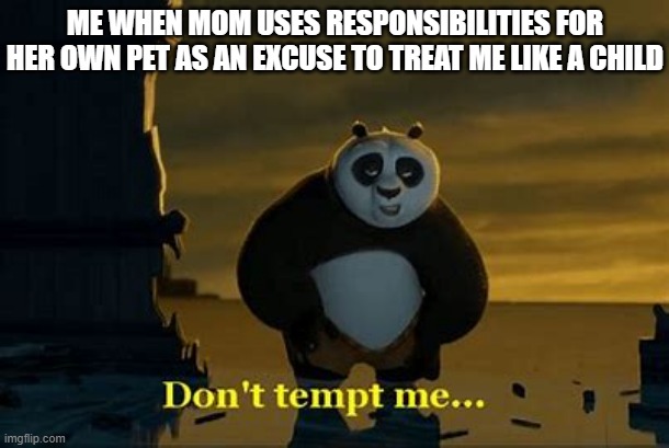 I know we got a pet and i understand there's responsibilities for them and all that it's a big job blah blah blah i get it but I | ME WHEN MOM USES RESPONSIBILITIES FOR HER OWN PET AS AN EXCUSE TO TREAT ME LIKE A CHILD | image tagged in don't tempt me,memes,kung fu panda,relatable,savage memes,do you really wanna tempt me right now seriously | made w/ Imgflip meme maker