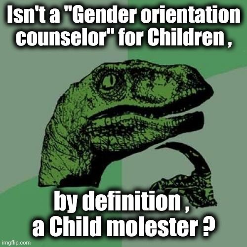 Philosoraptor Meme | Isn't a "Gender orientation counselor" for Children , by definition , 
a Child molester ? | image tagged in memes,philosoraptor | made w/ Imgflip meme maker