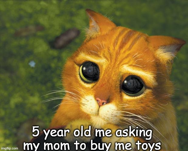 cute | 5 year old me asking my mom to buy me toys | image tagged in puss in boots | made w/ Imgflip meme maker