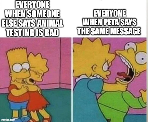 Two Moods | EVERYONE WHEN SOMEONE ELSE SAYS ANIMAL TESTING IS BAD; EVERYONE WHEN PETA SAYS THE SAME MESSAGE | image tagged in two moods | made w/ Imgflip meme maker