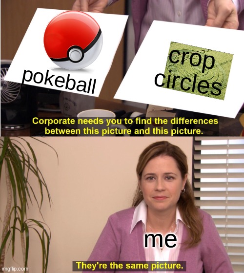 What's the Difference between a pokeball and a crop circle? | crop circles; pokeball; me | image tagged in memes,they're the same picture | made w/ Imgflip meme maker