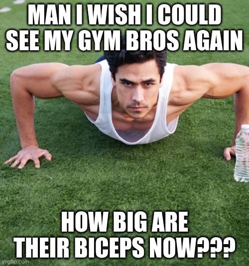 gym bros | MAN I WISH I COULD SEE MY GYM BROS AGAIN; HOW BIG ARE THEIR BICEPS NOW??? | image tagged in gym bros | made w/ Imgflip meme maker