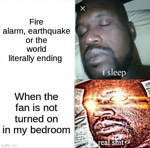 I swear I cant sleep without a fan xD | Fire alarm, earthquake or the world literally ending; When the fan is not turned on in my bedroom | image tagged in memes,sleeping shaq,funny,lol so funny,sleep | made w/ Imgflip meme maker