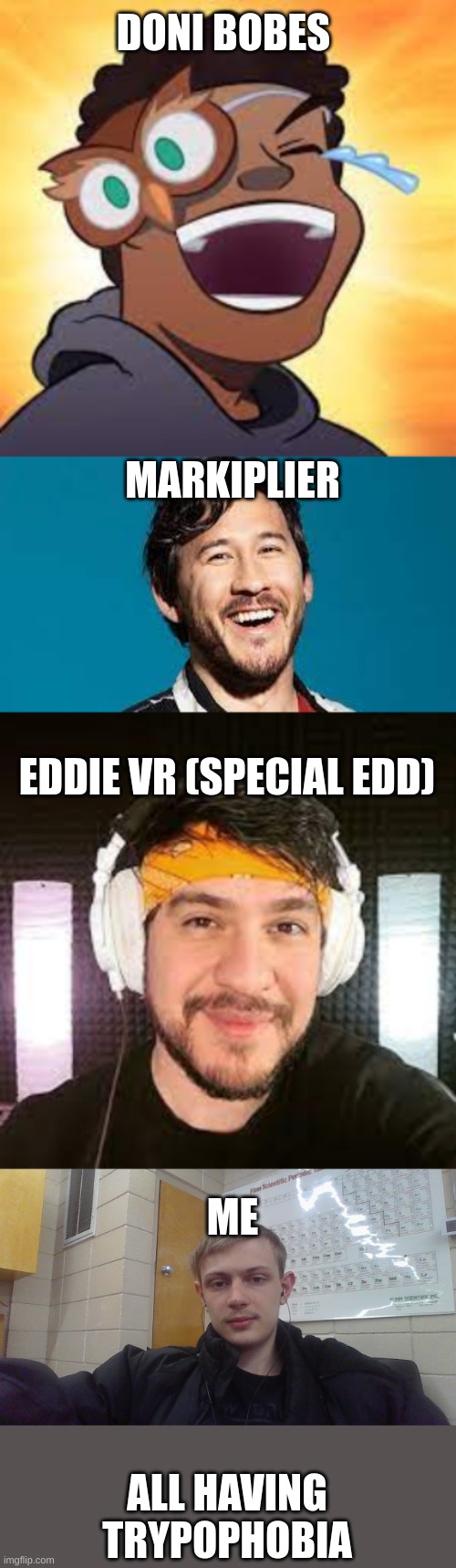 DONI BOBES; MARKIPLIER; EDDIE VR (SPECIAL EDD); ME; ALL HAVING TRYPOPHOBIA | image tagged in trypophobia | made w/ Imgflip meme maker