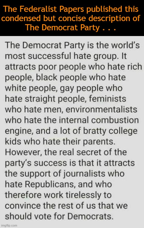 The World’s Most Successful Hate Group | The Federalist Papers published this 
condensed but concise description of 
The Democrat Party . . . | image tagged in politics,democrat party,hate,party of haters,division,haters gonna hate | made w/ Imgflip meme maker