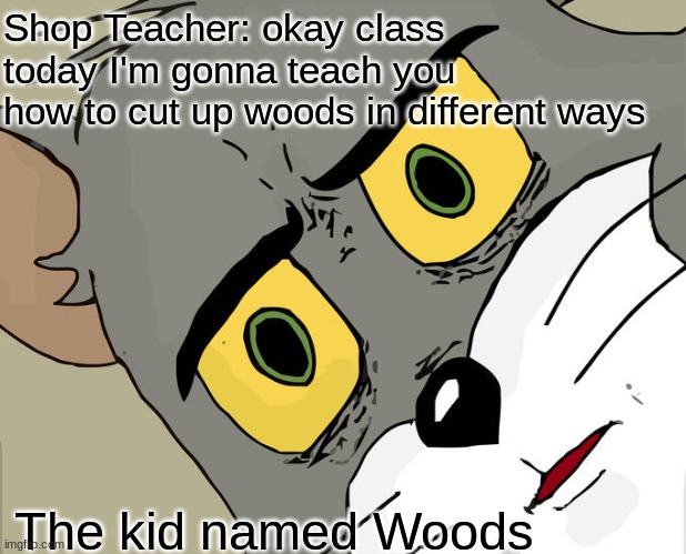 Title v2.1 | Shop Teacher: okay class today I'm gonna teach you 
how to cut up woods in different ways; The kid named Woods | image tagged in memes,unsettled tom | made w/ Imgflip meme maker