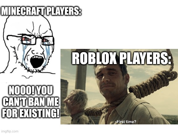 pov new update: | MINECRAFT PLAYERS:; ROBLOX PLAYERS:; NOOO! YOU CAN'T BAN ME FOR EXISTING! | image tagged in relatable,why are you reading this,deez nuts,imagine dragons,minecraft,roblox | made w/ Imgflip meme maker