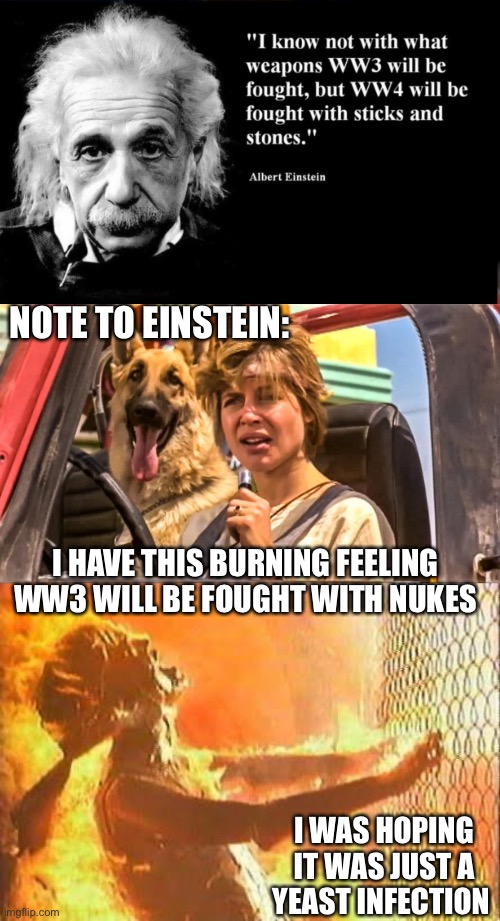 Sarah Connor Jeep Dog Terminator | NOTE TO EINSTEIN:; I HAVE THIS BURNING FEELING WW3 WILL BE FOUGHT WITH NUKES; I WAS HOPING IT WAS JUST A
YEAST INFECTION | image tagged in sarah connor jeep dog terminator,memes,albert einstein,ww3,first world problems,aint nobody got time for that | made w/ Imgflip meme maker