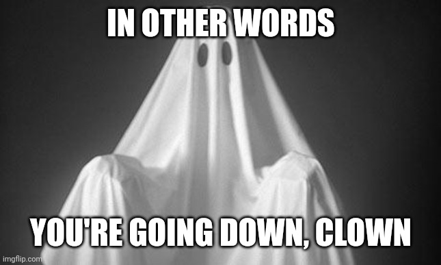 Ghost | IN OTHER WORDS YOU'RE GOING DOWN, CLOWN | image tagged in ghost | made w/ Imgflip meme maker
