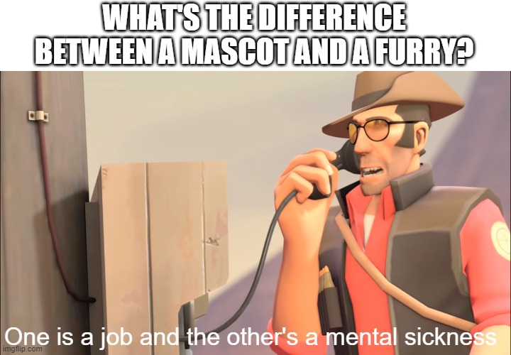 Well one is an X and the other is mental sickness | WHAT'S THE DIFFERENCE BETWEEN A MASCOT AND A FURRY? One is a job and the other's a mental sickness | image tagged in well one is an x and the other is mental sickness | made w/ Imgflip meme maker