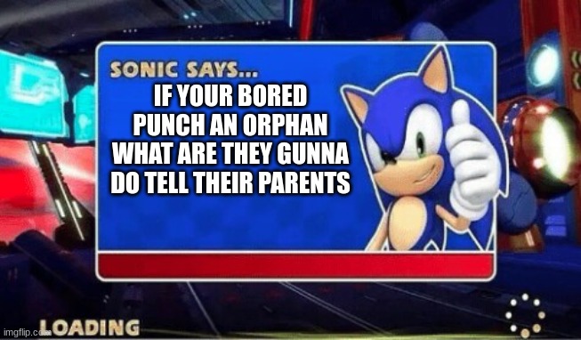 SONIC THATS AN ORPHAN | IF YOUR BORED PUNCH AN ORPHAN WHAT ARE THEY GUNNA DO TELL THEIR PARENTS | image tagged in sonic says | made w/ Imgflip meme maker
