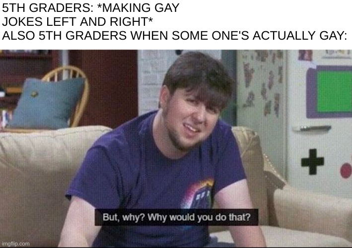 stupid 5th graders | 5TH GRADERS: *MAKING GAY JOKES LEFT AND RIGHT*
ALSO 5TH GRADERS WHEN SOME ONE'S ACTUALLY GAY: | image tagged in but why why would you do that,funni,school | made w/ Imgflip meme maker