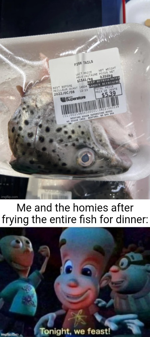 FISH | Me and the homies after frying the entire fish for dinner: | image tagged in tonight we feast,fish,memes,seafood,reposts,repost | made w/ Imgflip meme maker