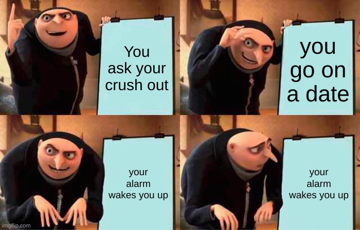 memr | You ask your crush out; you go on a date; your alarm wakes you up; your alarm wakes you up | image tagged in memes,gru's plan | made w/ Imgflip meme maker