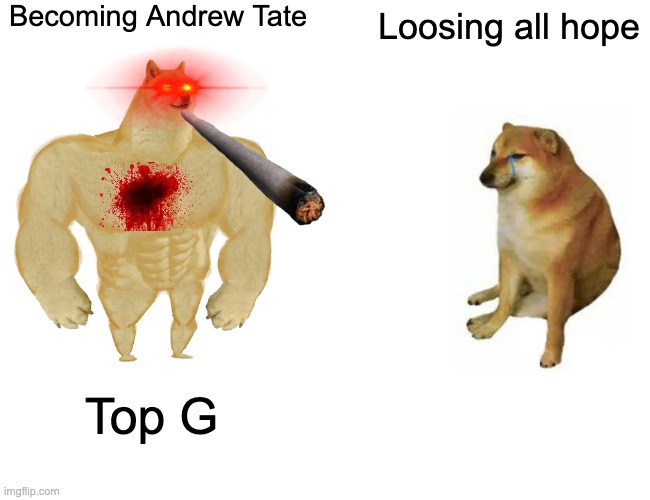 Meme | Becoming Andrew Tate; Loosing all hope; Top G | image tagged in memes,buff doge vs cheems | made w/ Imgflip meme maker