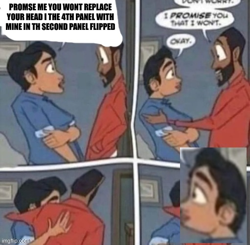 promise me you wont blank | PROMSE ME YOU WONT REPLACE YOUR HEAD I THE 4TH PANEL WITH MINE IN TH SECOND PANEL FLIPPED | image tagged in promise me you wont blank | made w/ Imgflip meme maker