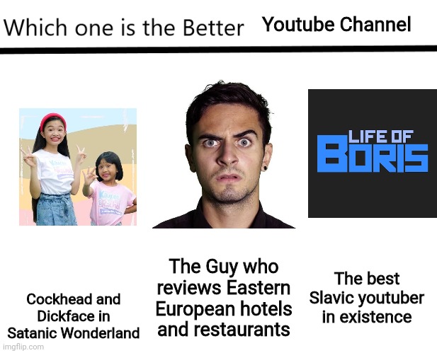 PPPeter and Life Of Boris are way better than those two girls that rip-off Ryan's World | Youtube Channel; Cockhead and Dickface in Satanic Wonderland; The Guy who reviews Eastern European hotels and restaurants; The best Slavic youtuber in existence | image tagged in which one is the better x,memes,youtuber | made w/ Imgflip meme maker