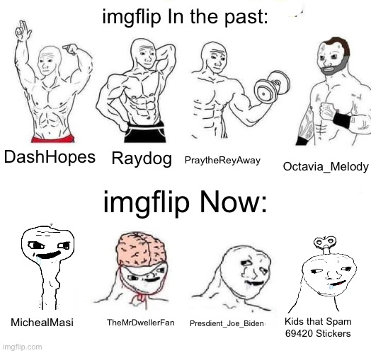 imgflip Then vs. imgflip Now | imgflip In the past:; DashHopes; Raydog; PraytheReyAway; Octavia_Melody; imgflip Now:; TheMrDwellerFan; Kids that Spam 69420 Stickers; MichealMasi; Presdient_Joe_Biden | image tagged in imgflip,then vs now,memes,wojak,funny,imgflip users | made w/ Imgflip meme maker