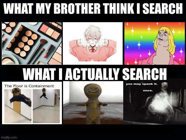 SCP-meme | WHAT MY BROTHER THINK I SEARCH; WHAT I ACTUALLY SEARCH | image tagged in scp,scp meme | made w/ Imgflip meme maker