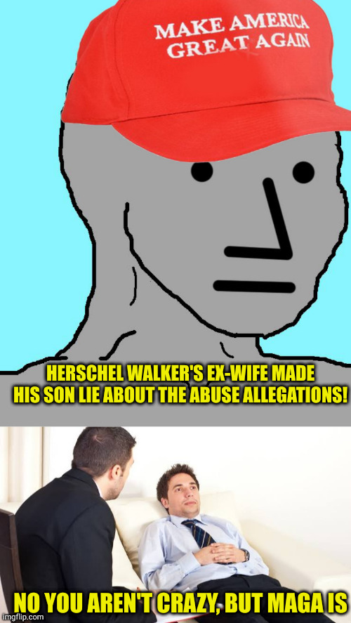 No matter the truth, maga will vote for him because they can't think for themselves anymore | HERSCHEL WALKER'S EX-WIFE MADE HIS SON LIE ABOUT THE ABUSE ALLEGATIONS! NO YOU AREN'T CRAZY, BUT MAGA IS | image tagged in maga npc,schocked at shrink,sheep from animal farm | made w/ Imgflip meme maker