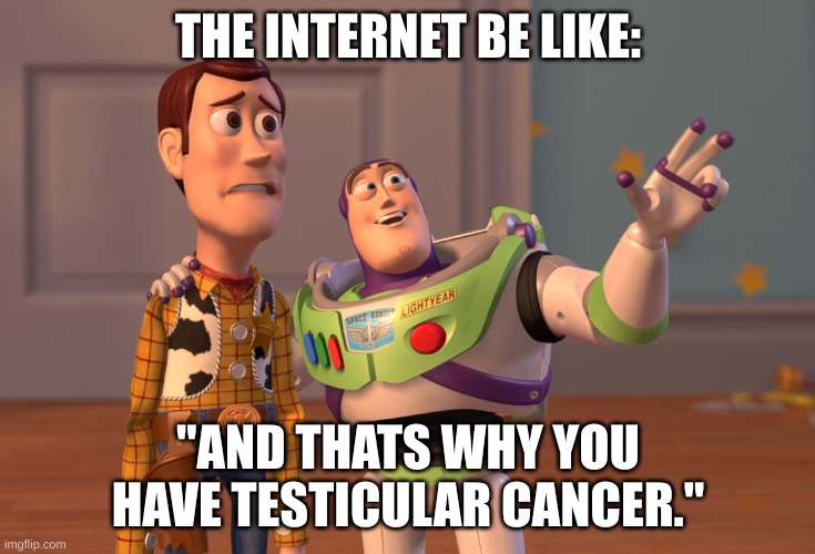 The Intenet | THE INTERNET BE LIKE:; "AND THATS WHY YOU HAVE TESTICULAR CANCER." | image tagged in memes,x x everywhere | made w/ Imgflip meme maker