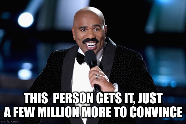 Steve Harvey | THIS  PERSON GETS IT, JUST A FEW MILLION MORE TO CONVINCE | image tagged in steve harvey | made w/ Imgflip meme maker
