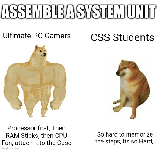 Buff Doge vs. Cheems Meme | ASSEMBLE A SYSTEM UNIT; Ultimate PC Gamers; CSS Students; Processor first, Then RAM Sticks, then CPU Fan, attach it to the Case; So hard to memorize the steps, Its so Hard, | image tagged in memes,buff doge vs cheems | made w/ Imgflip meme maker