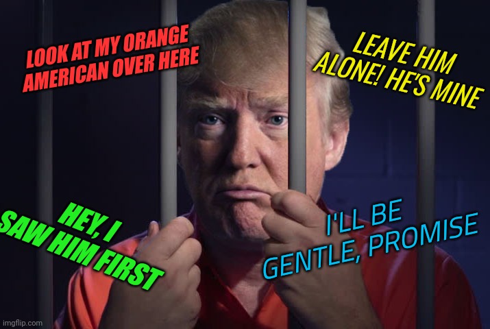 The orange American in prison | LEAVE HIM ALONE! HE'S MINE; LOOK AT MY ORANGE AMERICAN OVER HERE; HEY, I SAW HIM FIRST; I'LL BE GENTLE, PROMISE | image tagged in trump prison | made w/ Imgflip meme maker