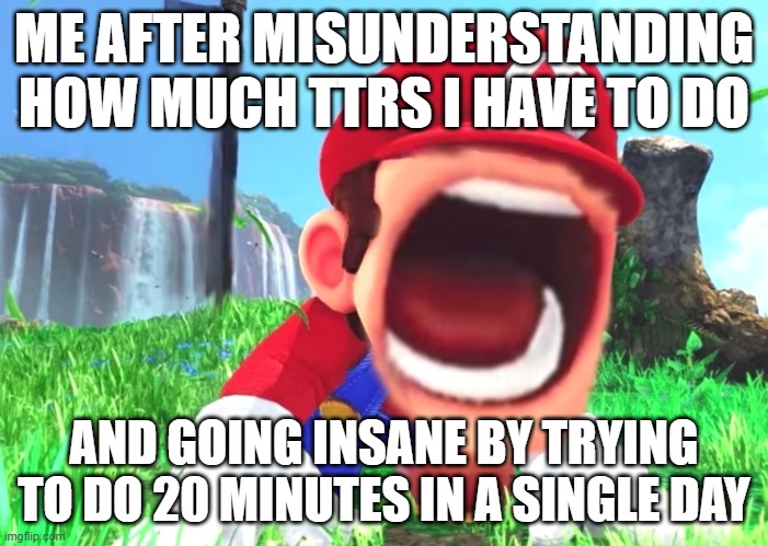 Teacher: "20 minutes this week" | Me: "20 minutes today" | ME AFTER MISUNDERSTANDING HOW MUCH TTRS I HAVE TO DO; AND GOING INSANE BY TRYING TO DO 20 MINUTES IN A SINGLE DAY | image tagged in mario screaming,misunderstanding,ttrs | made w/ Imgflip meme maker