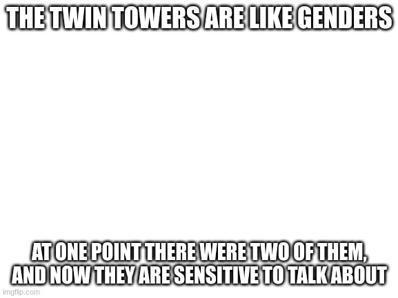 Blank White Template | THE TWIN TOWERS ARE LIKE GENDERS; AT ONE POINT THERE WERE TWO OF THEM, AND NOW THEY ARE SENSITIVE TO TALK ABOUT | image tagged in blank white template | made w/ Imgflip meme maker