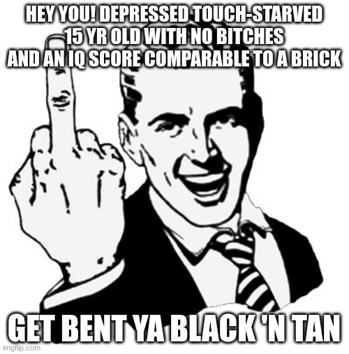 1950s Middle Finger Meme | HEY YOU! DEPRESSED TOUCH-STARVED 15 YR OLD WITH NO BITCHES AND AN IQ SCORE COMPARABLE TO A BRICK GET BENT YA BLACK 'N TAN | image tagged in memes,1950s middle finger | made w/ Imgflip meme maker
