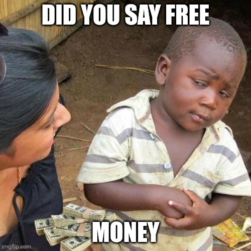 Third World Skeptical Kid | DID YOU SAY FREE; MONEY | image tagged in memes,third world skeptical kid | made w/ Imgflip meme maker