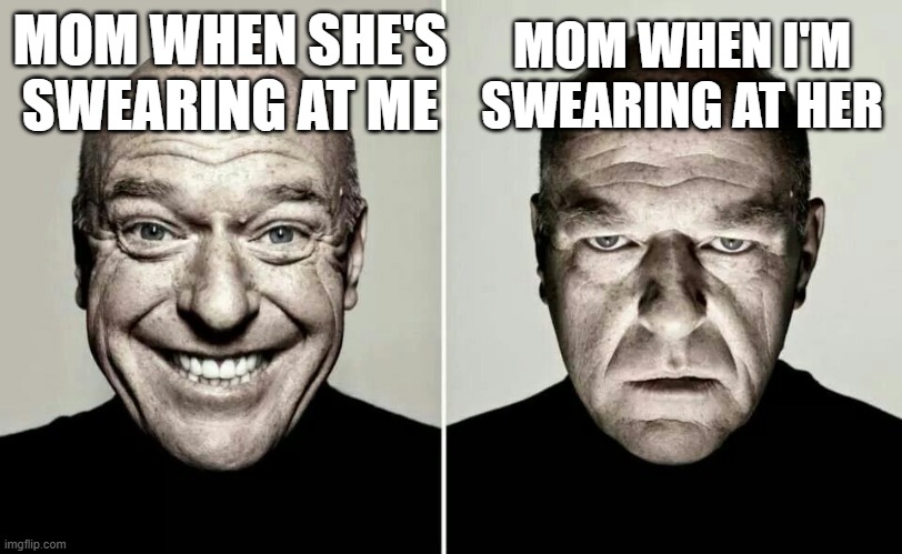 related | MOM WHEN I'M SWEARING AT HER; MOM WHEN SHE'S SWEARING AT ME | image tagged in happy guy vs angry guy | made w/ Imgflip meme maker