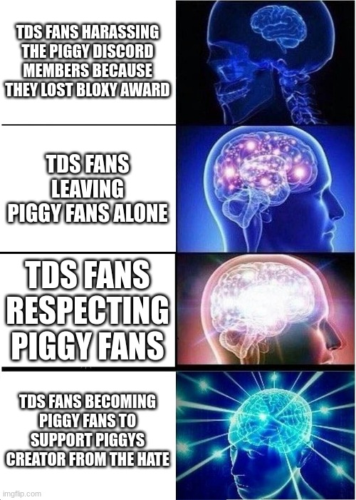 Expanding Brain | TDS FANS HARASSING THE PIGGY DISCORD MEMBERS BECAUSE THEY LOST BLOXY AWARD; TDS FANS LEAVING PIGGY FANS ALONE; TDS FANS RESPECTING PIGGY FANS; TDS FANS BECOMING PIGGY FANS TO SUPPORT PIGGYS CREATOR FROM THE HATE | image tagged in memes,expanding brain | made w/ Imgflip meme maker
