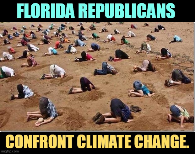 More frequent storms, and punchier. | FLORIDA REPUBLICANS; CONFRONT CLIMATE CHANGE. | image tagged in head in sand,climate change,global warming,florida,idiots | made w/ Imgflip meme maker